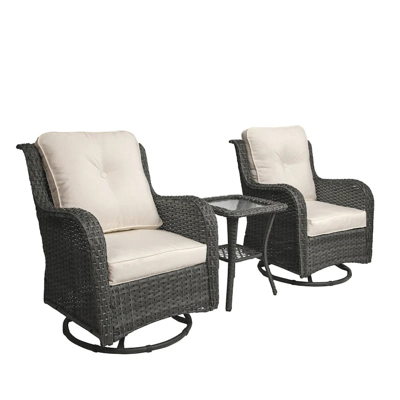 Ensemble Bistro 3 Pièces de Chaises Basculantes Pivotantes en Rotin pour Extérieur