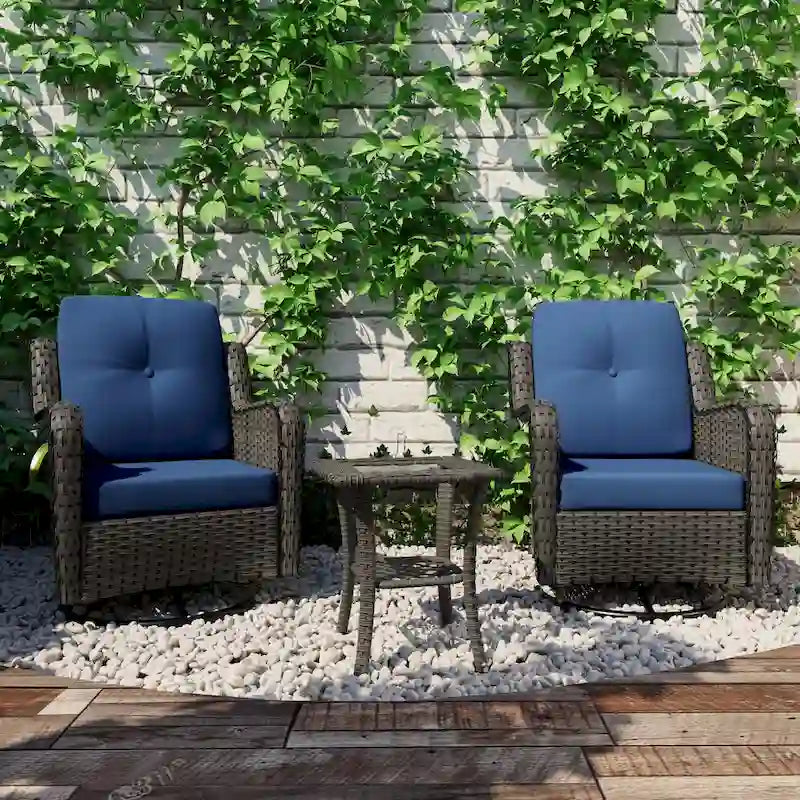 Ensemble Bistro 3 Pièces de Chaises Basculantes Pivotantes en Rotin pour Extérieur