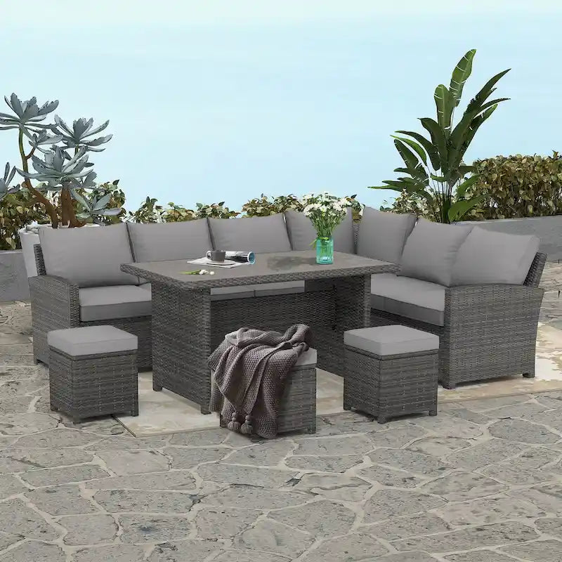 AECOJOY Ensemble de 7 meubles de patio extérieurs en osier et rotin, canapé modulable