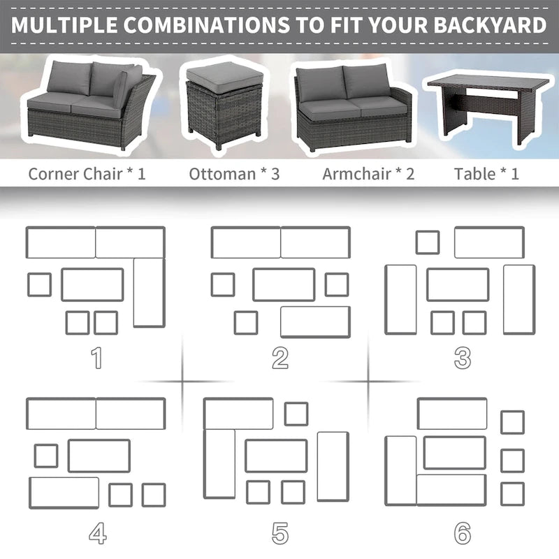 AECOJOY Ensemble de 7 meubles de patio extérieurs en osier et rotin, canapé modulable