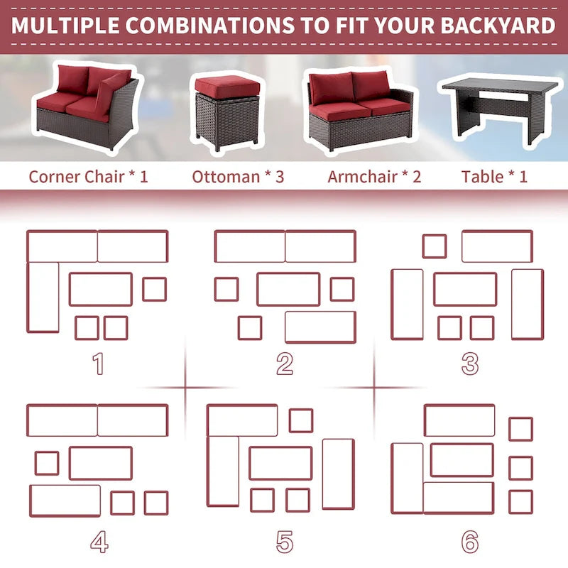 AECOJOY Ensemble de 7 meubles de patio extérieurs en osier et rotin, canapé modulable