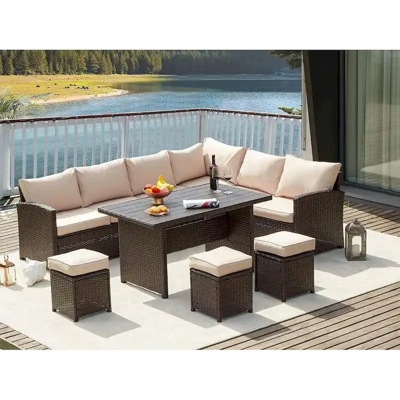 AECOJOY Ensemble de 7 meubles de patio extérieurs en osier et rotin, canapé modulable