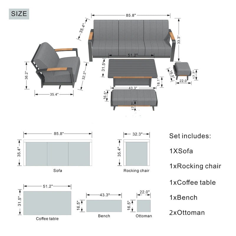 Collection de salon de patio en aluminium pour extérieur et intérieur avec table basse, gris (Vous pouvez choisir un ensemble ou une pièce seule)