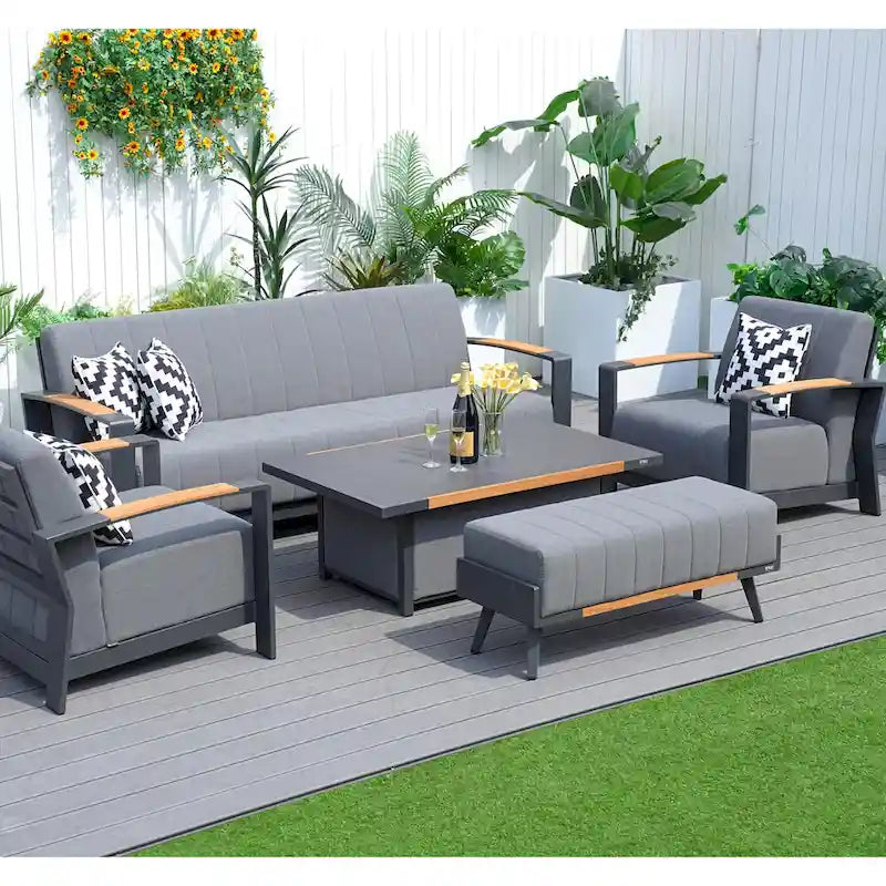 Collection de salon de patio en aluminium pour extérieur et intérieur avec table basse, gris (Vous pouvez choisir un ensemble ou une pièce seule)