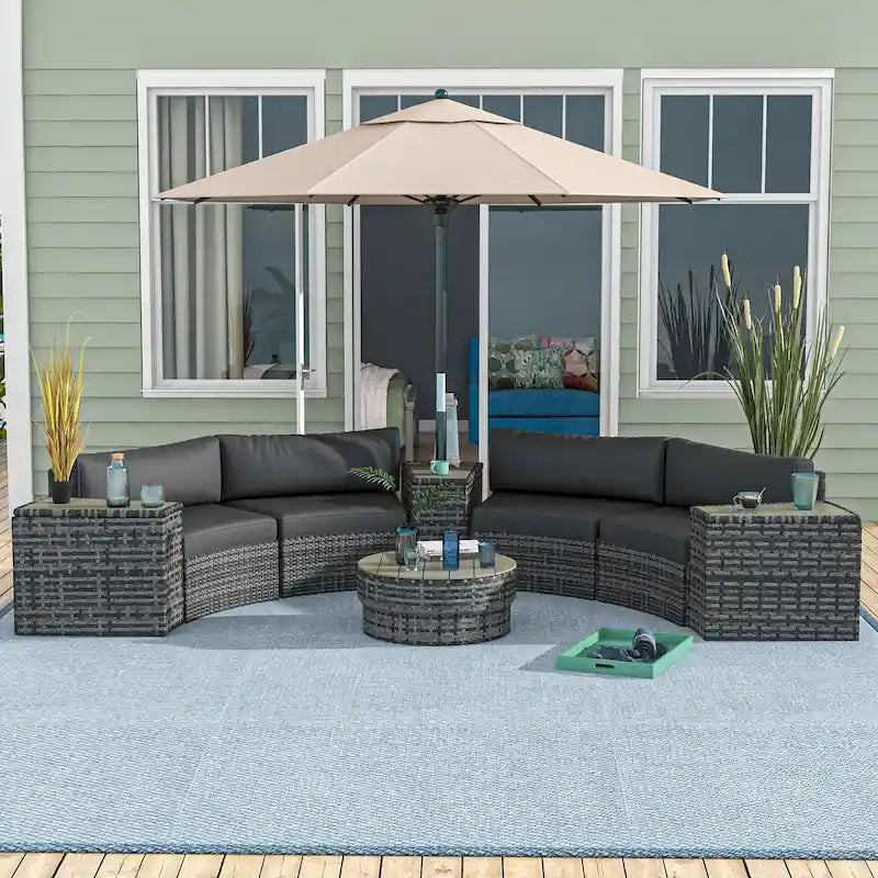 Ensemble de mobilier de jardin Outsunny 8 pièces avec 4 fauteuils de canapé en rotin et 4 tables, ensemble de conversation extérieur avec rangement et trou pour parasol