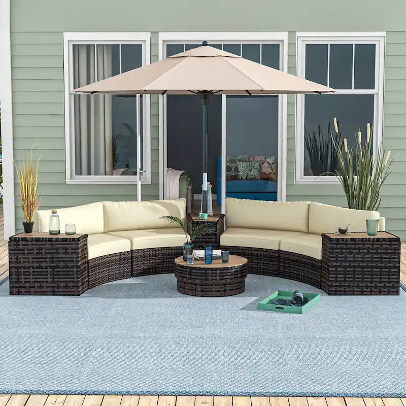 Ensemble de mobilier de jardin Outsunny 8 pièces avec 4 fauteuils de canapé en rotin et 4 tables, ensemble de conversation extérieur avec rangement et trou pour parasol