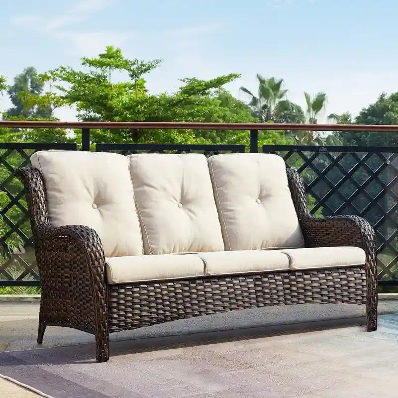 Canapé d'extérieur 3 places en osier avec coussin, dossier haut et assise profonde