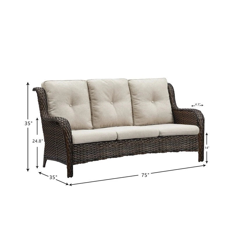Canapé d'extérieur 3 places en osier avec coussin, dossier haut et assise profonde