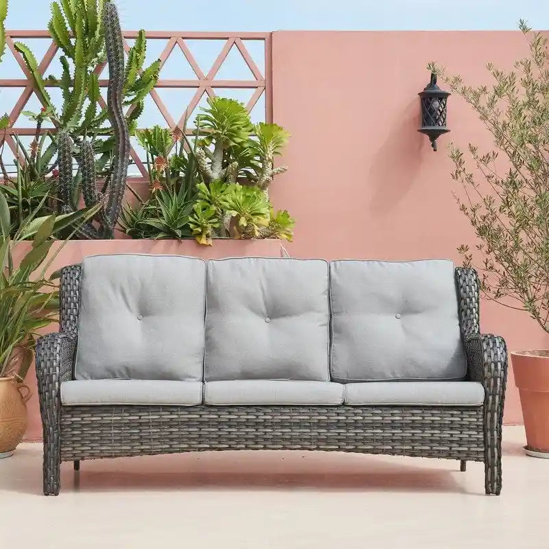 Canapé d'extérieur 3 places en osier avec coussin, dossier haut et assise profonde