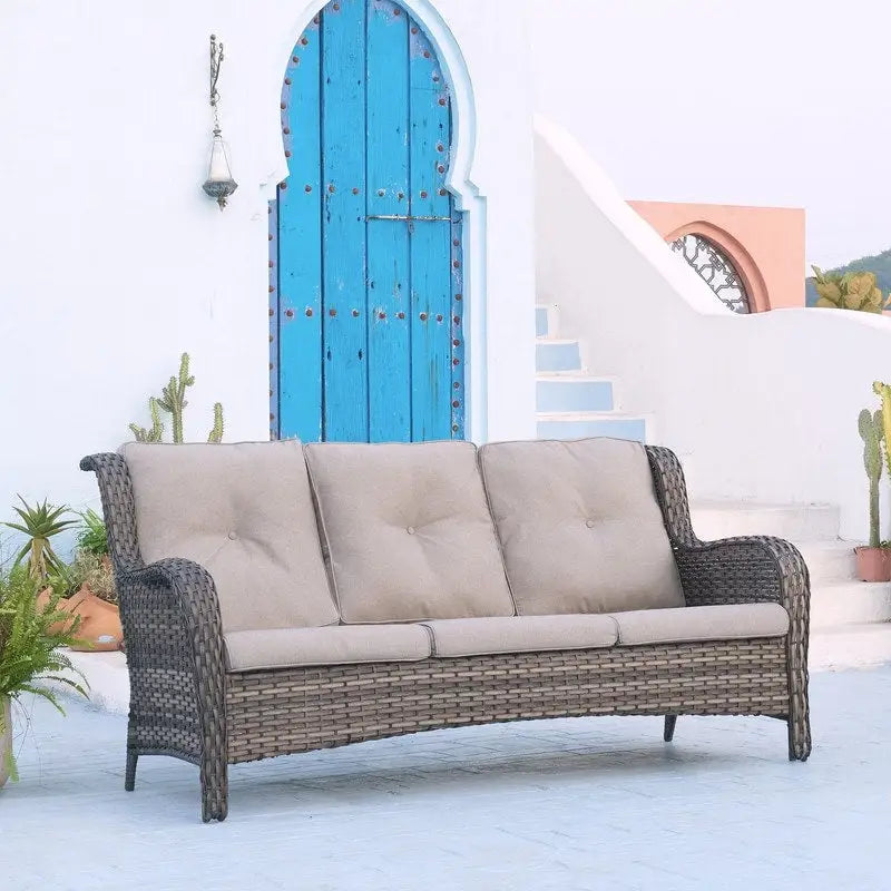 Canapé d'extérieur 3 places en osier avec coussin, dossier haut et assise profonde