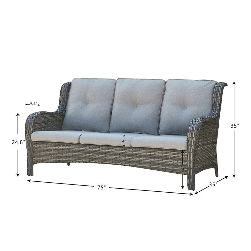 Canapé d'extérieur 3 places en osier avec coussin, dossier haut et assise profonde