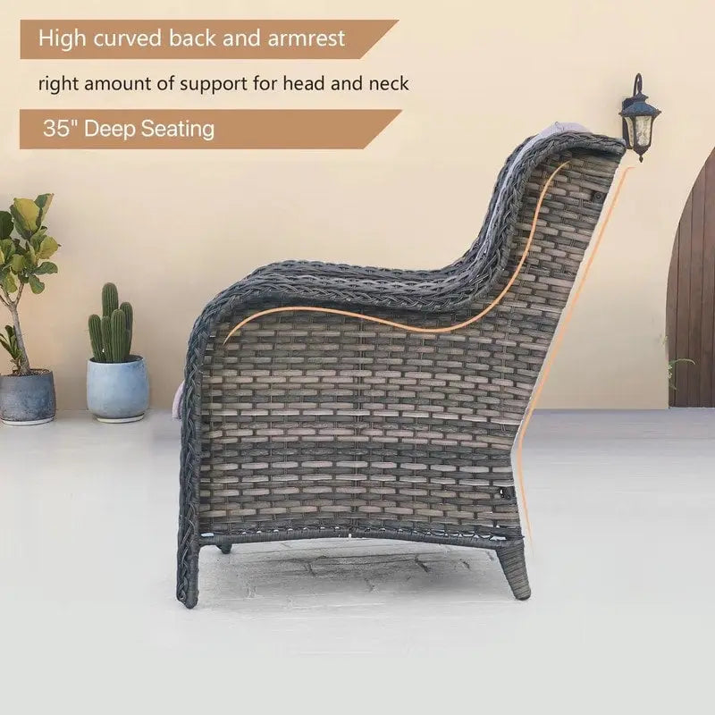 Canapé d'extérieur 3 places en osier avec coussin, dossier haut et assise profonde