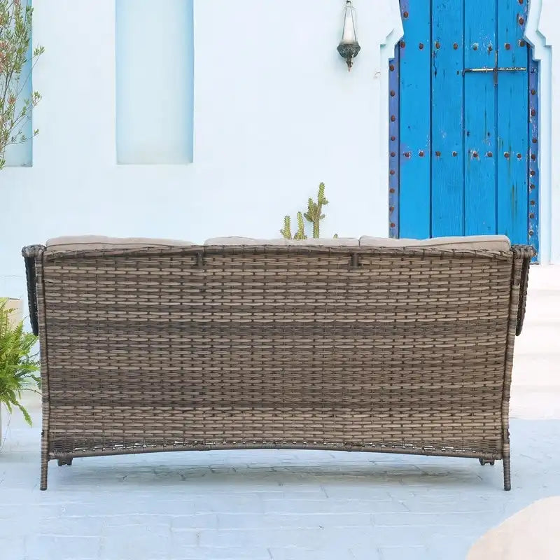 Canapé d'extérieur 3 places en osier avec coussin, dossier haut et assise profonde