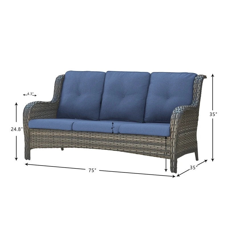 Canapé d'extérieur 3 places en osier avec coussin, dossier haut et assise profonde