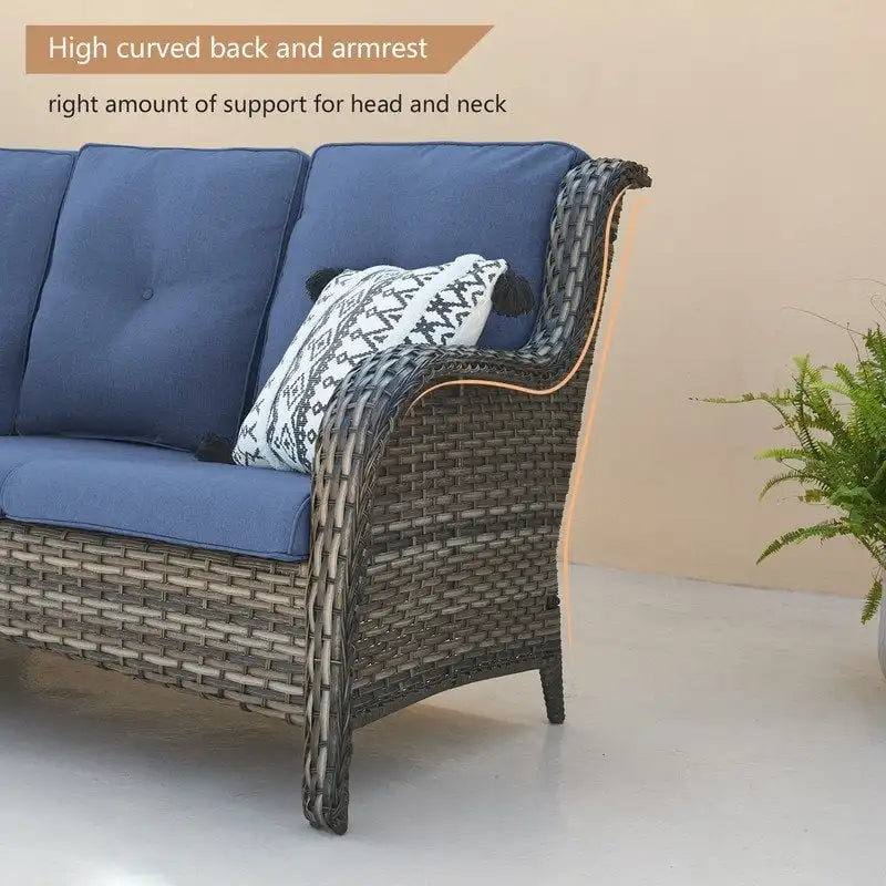 Canapé d'extérieur 3 places en osier avec coussin, dossier haut et assise profonde