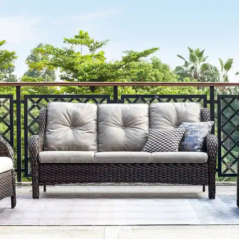 Canapé d'extérieur 3 places en osier avec coussin, dossier haut et assise profonde