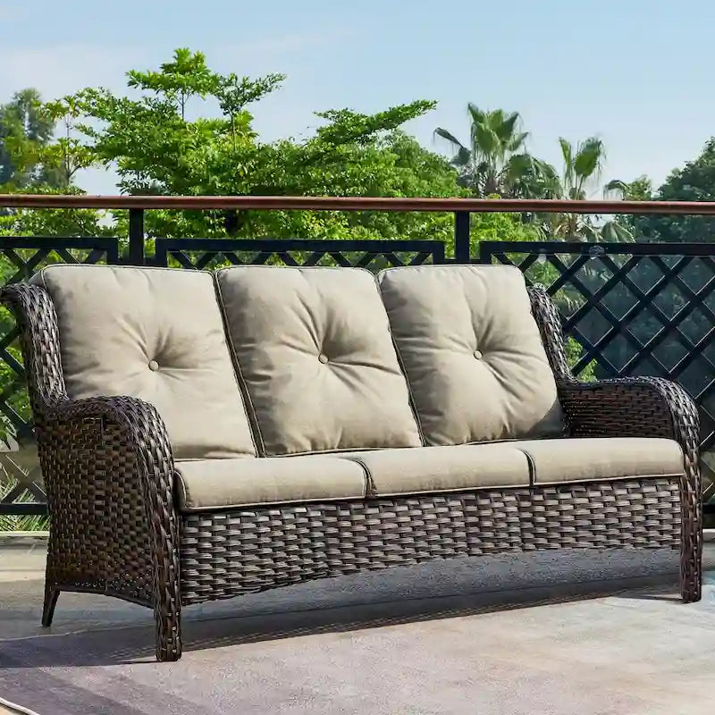 Canapé d'extérieur 3 places en osier avec coussin, dossier haut et assise profonde