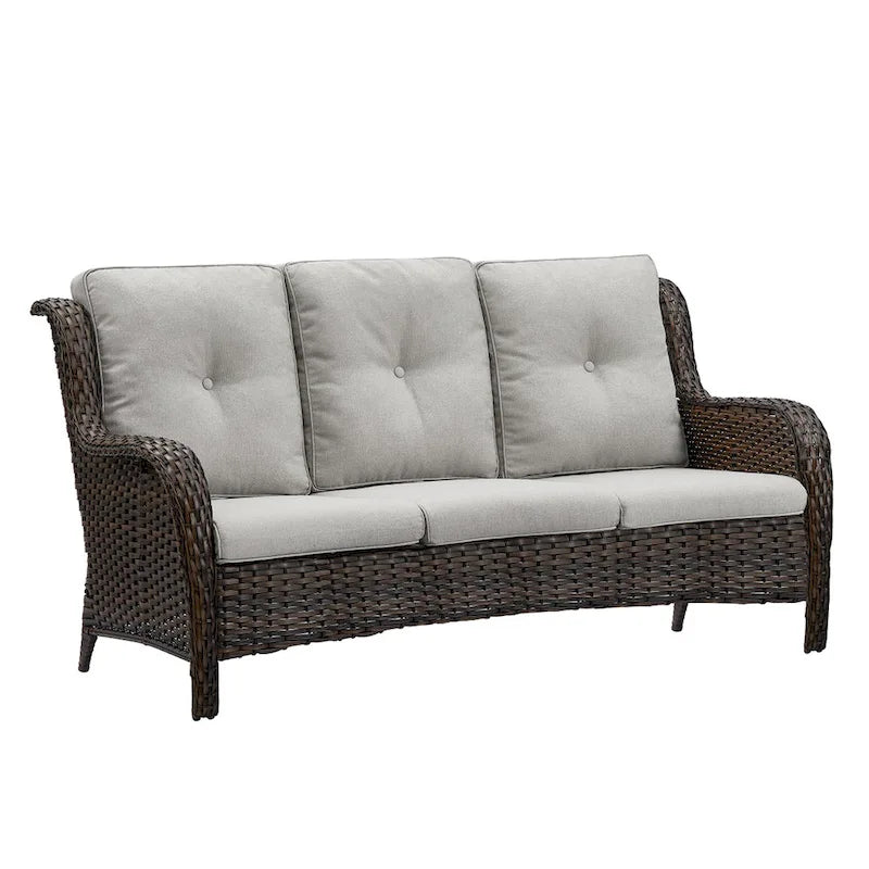 Canapé d'extérieur 3 places en osier avec coussin, dossier haut et assise profonde