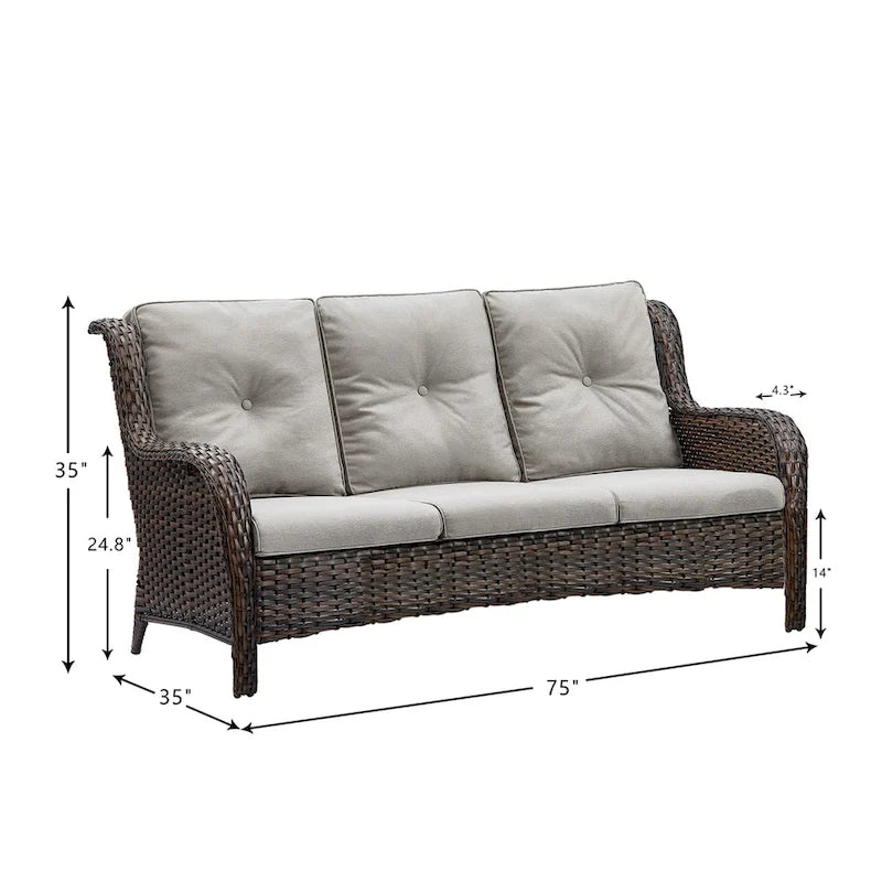 Canapé d'extérieur 3 places en osier avec coussin, dossier haut et assise profonde