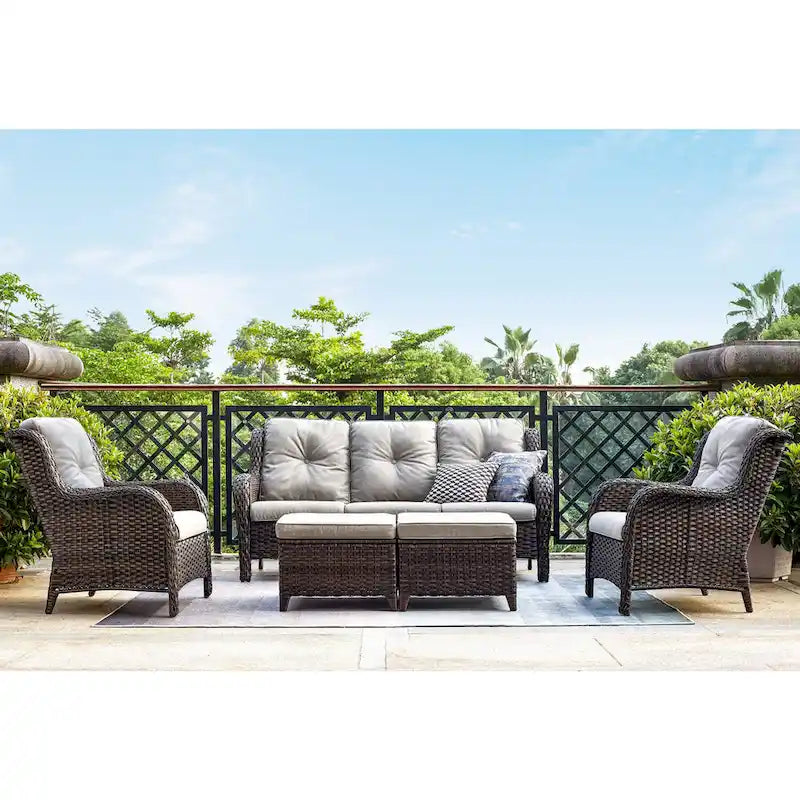 Canapé d'extérieur 3 places en osier avec coussin, dossier haut et assise profonde