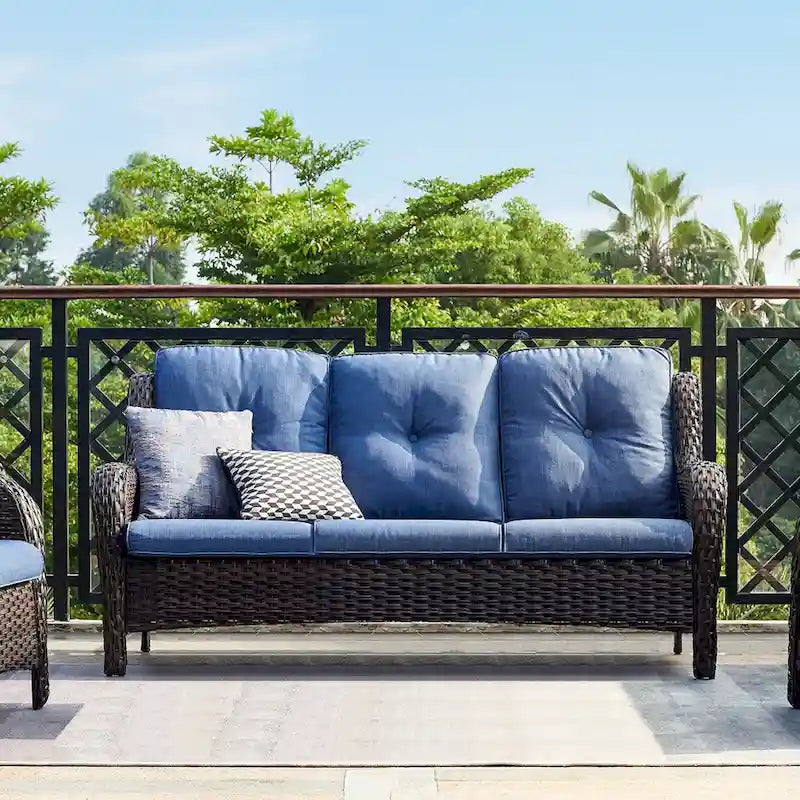 Canapé d'extérieur 3 places en osier avec coussin, dossier haut et assise profonde