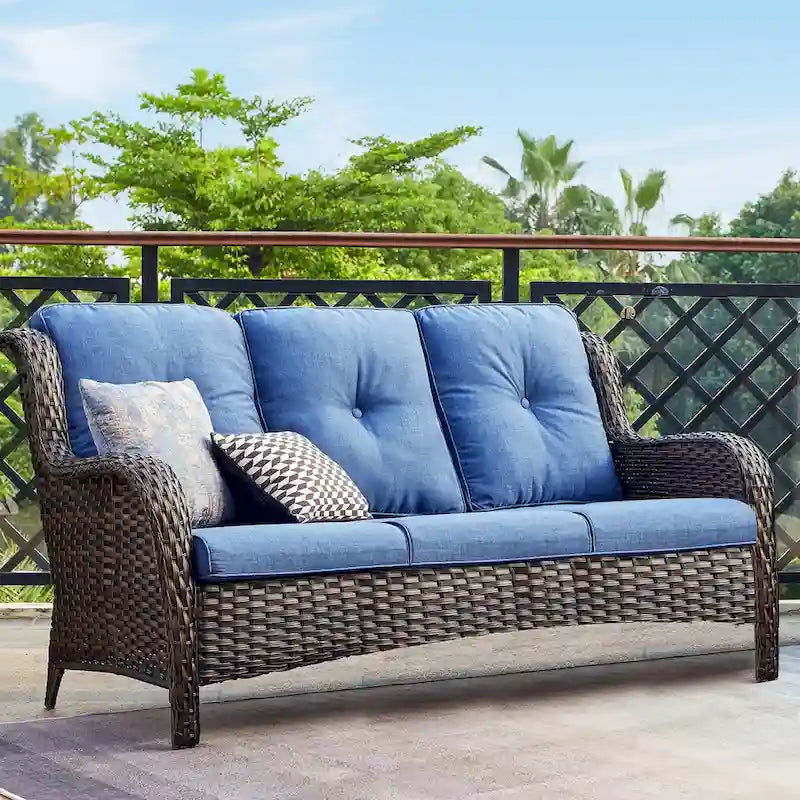 Canapé d'extérieur 3 places en osier avec coussin, dossier haut et assise profonde