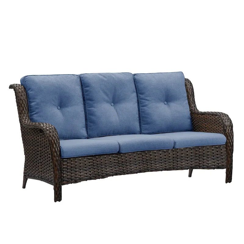 Canapé d'extérieur 3 places en osier avec coussin, dossier haut et assise profonde