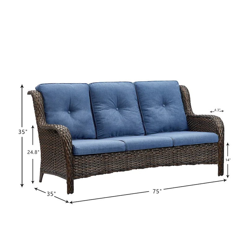 Canapé d'extérieur 3 places en osier avec coussin, dossier haut et assise profonde