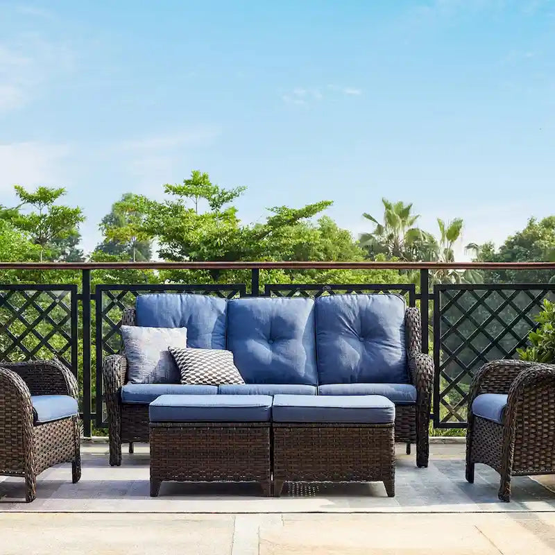 Canapé d'extérieur 3 places en osier avec coussin, dossier haut et assise profonde