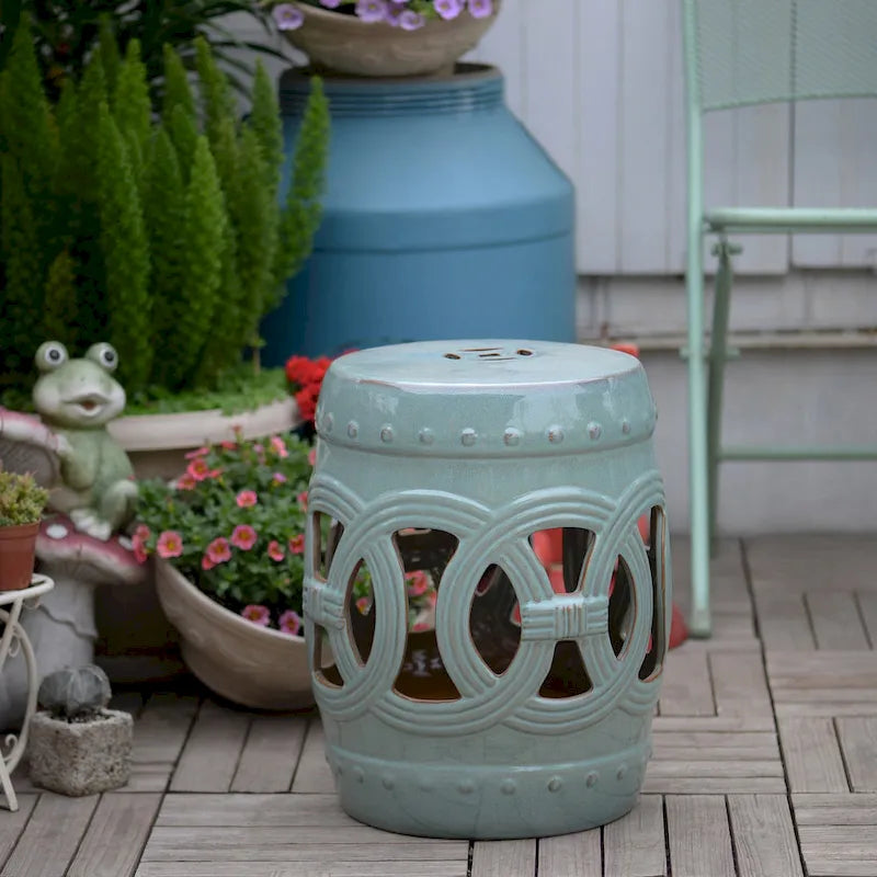 Outsunny 14 Multi-Use Ceramic Garden Stool / Round Side Table / Foot Rest with Knotted Ring Design Antique-Blue Green