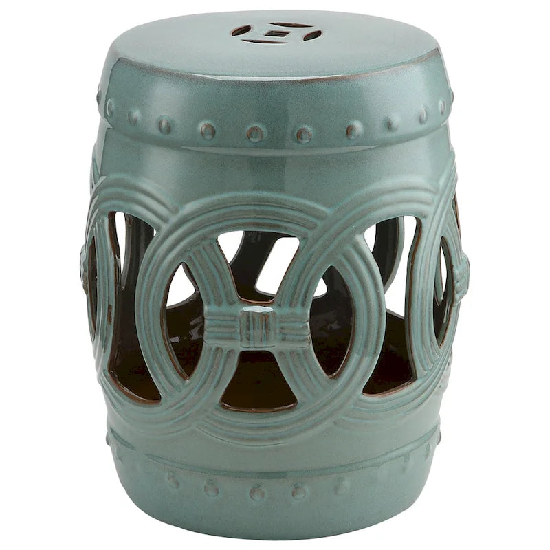 Outsunny Tabouret de jardin/table d'appoint ronde/repose-pieds en céramique multi-usage 14 avec motif à anneaux noués bleu-vert antique