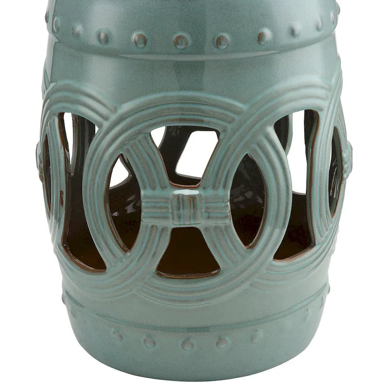 Outsunny Tabouret de jardin/table d'appoint ronde/repose-pieds en céramique multi-usage 14 avec motif à anneaux noués bleu-vert antique