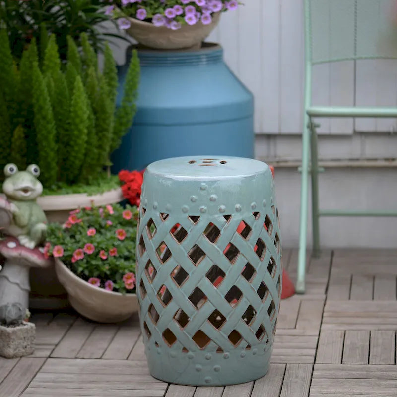 Outsunny 13 Multi-Use Ceramic Garden Stool / Round Side Table / Foot Rest with Lattice Ring Design Antique-Blue Green