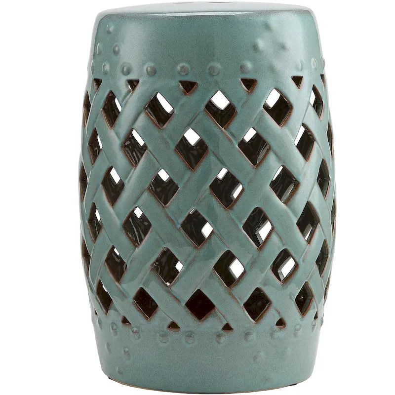 Tabouret de jardin en céramique multi-usage Outsunny 13 / Table d'appoint ronde / Repose-pieds avec motif d'anneau en treillis Bleu-vert antique