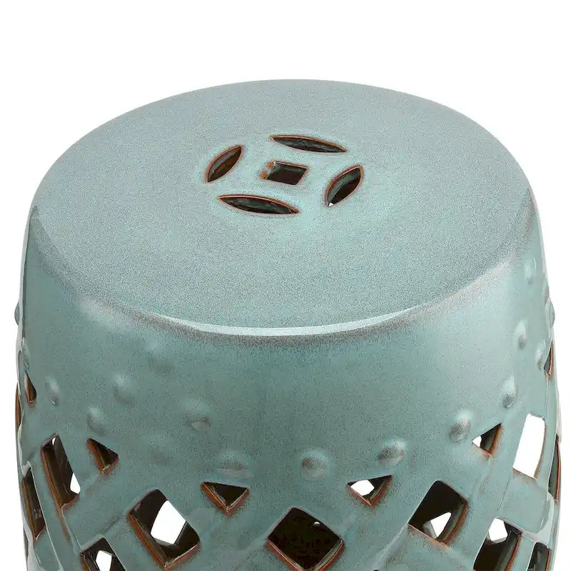 Tabouret de jardin en céramique multi-usage Outsunny 13 / Table d'appoint ronde / Repose-pieds avec motif d'anneau en treillis Bleu-vert antique