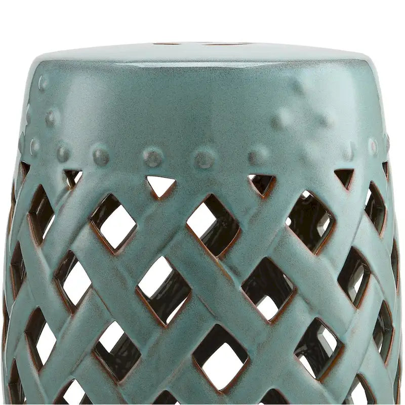 Tabouret de jardin en céramique multi-usage Outsunny 13 / Table d'appoint ronde / Repose-pieds avec motif d'anneau en treillis Bleu-vert antique