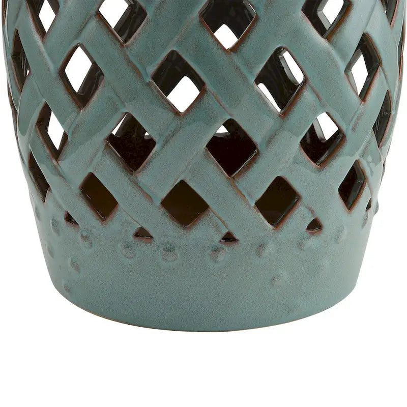 Tabouret de jardin en céramique multi-usage Outsunny 13 / Table d'appoint ronde / Repose-pieds avec motif d'anneau en treillis Bleu-vert antique