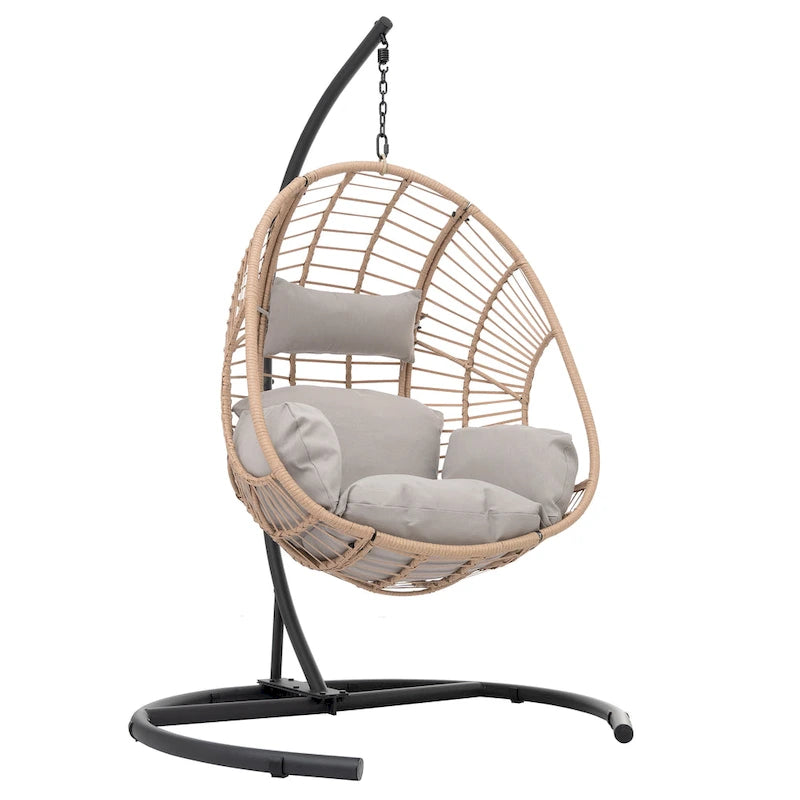 Chaise balançoire œuf d'intérieur/extérieur en osier couleur naturelle avec coussin beige