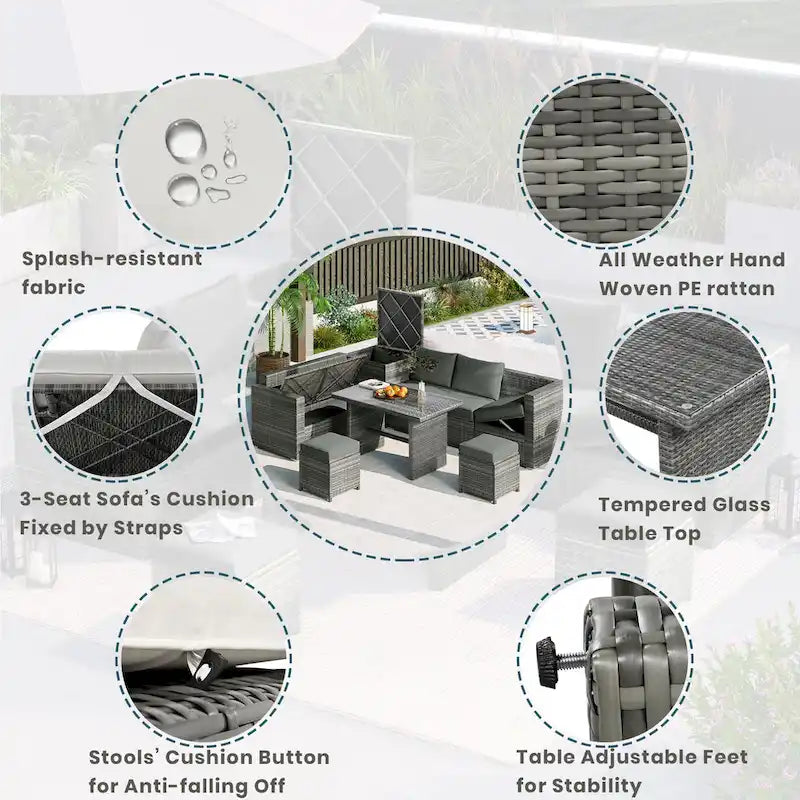 TOPMAX Ensemble de meubles sectionnels en osier 6 pièces avec siège réglable, boîte de rangement