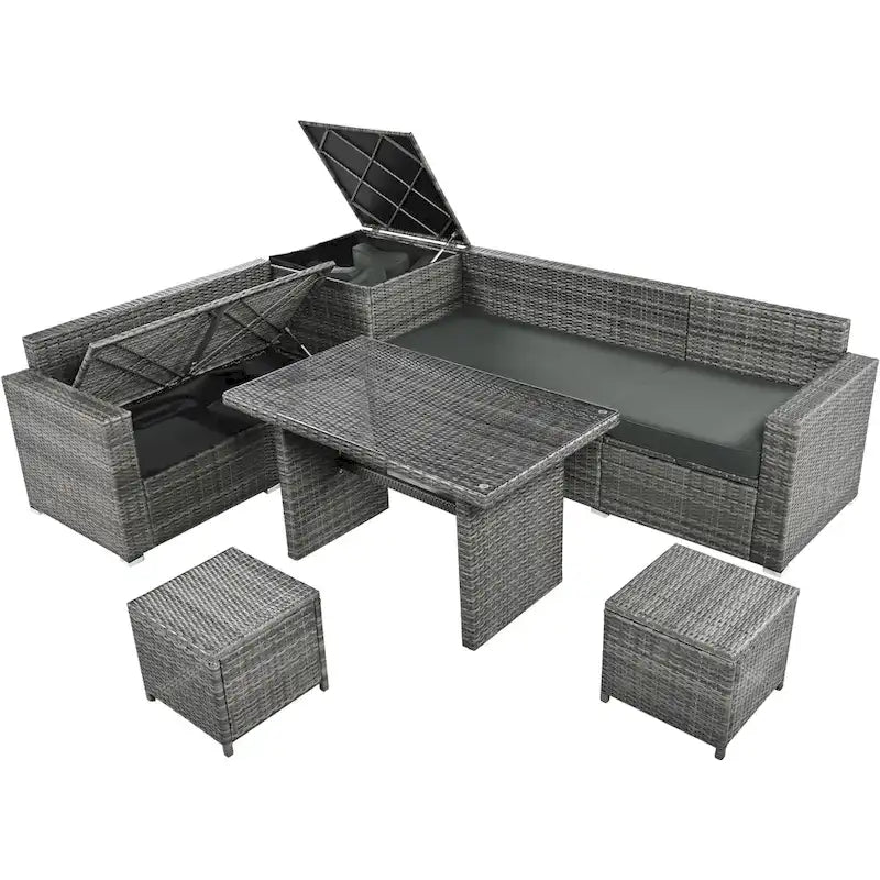 TOPMAX Ensemble de meubles sectionnels en osier 6 pièces avec siège réglable, boîte de rangement
