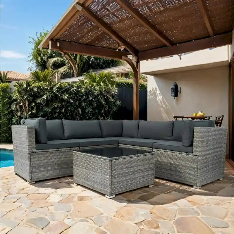 Ensemble de canapé d'extérieur modulable en rotin PE 6 pièces avec coussins en osier gris, coussin gris foncé