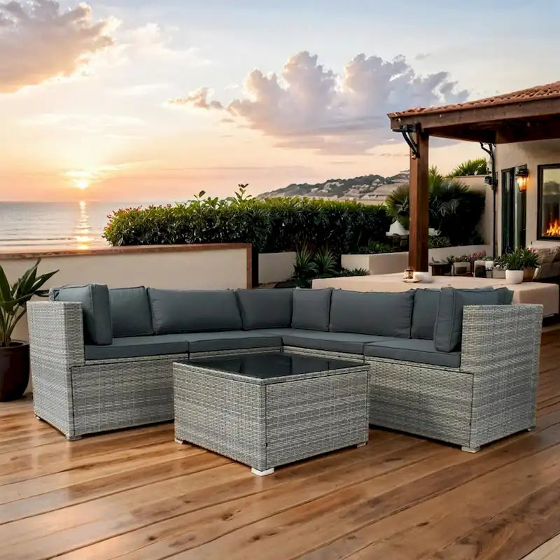 Ensemble de canapé d'extérieur modulable en rotin PE 6 pièces avec coussins en osier gris, coussin gris foncé