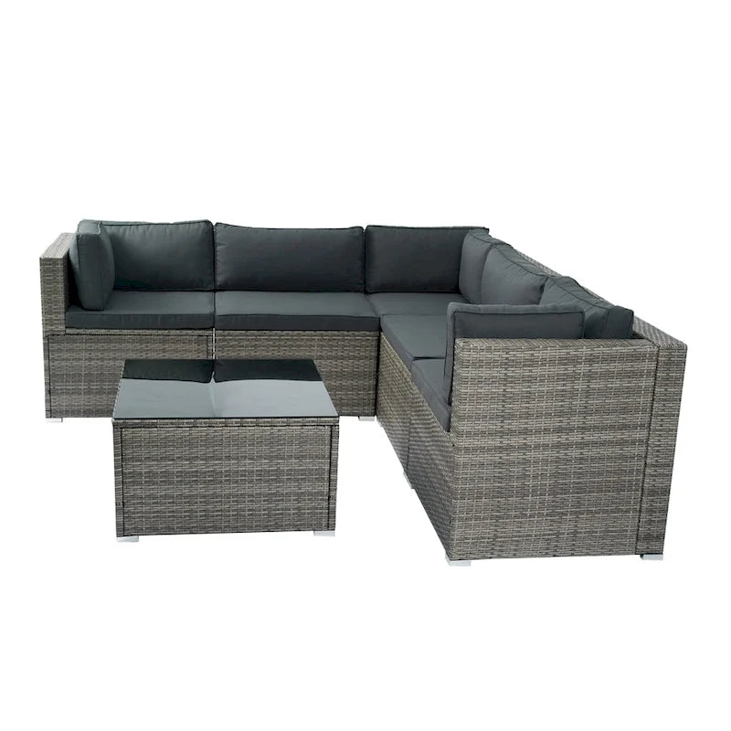 Ensemble de canapé d'extérieur modulable en rotin PE 6 pièces avec coussins en osier gris, coussin gris foncé