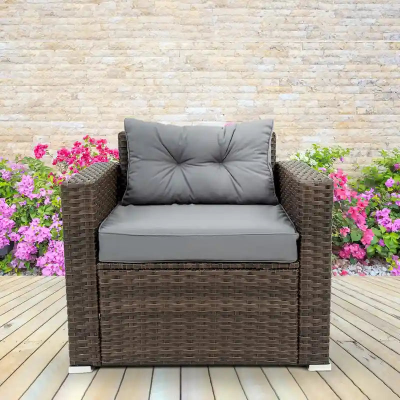 Ensemble de canapé d'extérieur modulable en rotin PE 6 pièces avec coussins en osier gris, coussin gris foncé