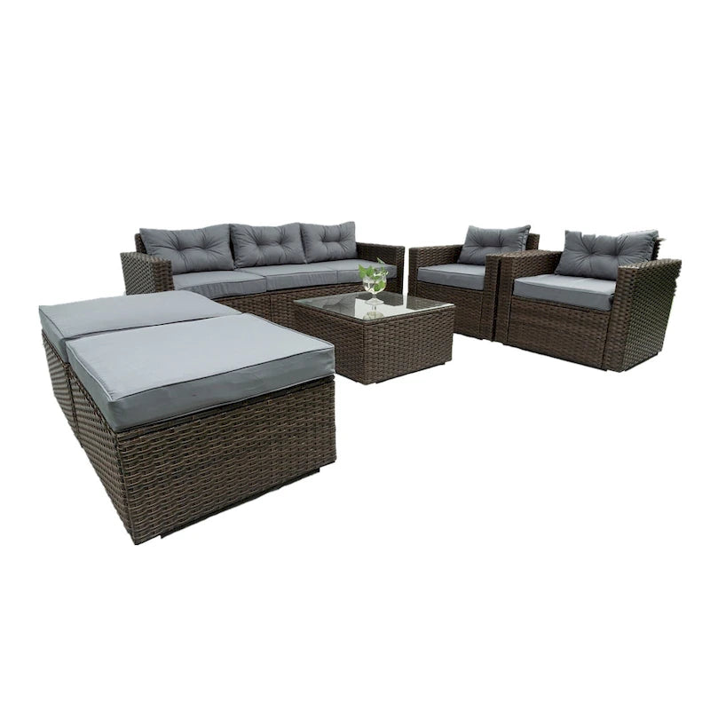 Ensemble de canapé d'extérieur modulable en rotin PE 6 pièces avec coussins en osier gris, coussin gris foncé