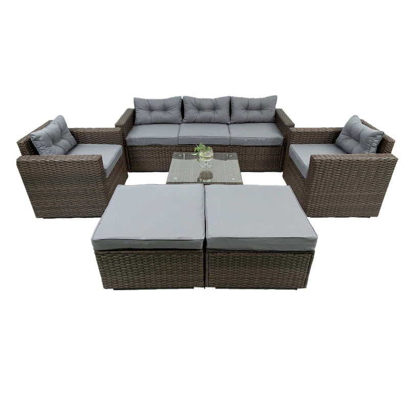 Ensemble de canapé d'extérieur modulable en rotin PE 6 pièces avec coussins en osier gris, coussin gris foncé