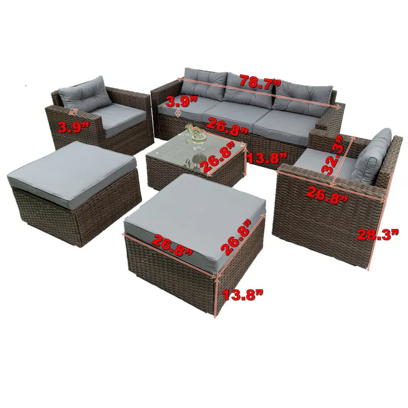 Ensemble de canapé d'extérieur modulable en rotin PE 6 pièces avec coussins en osier gris, coussin gris foncé