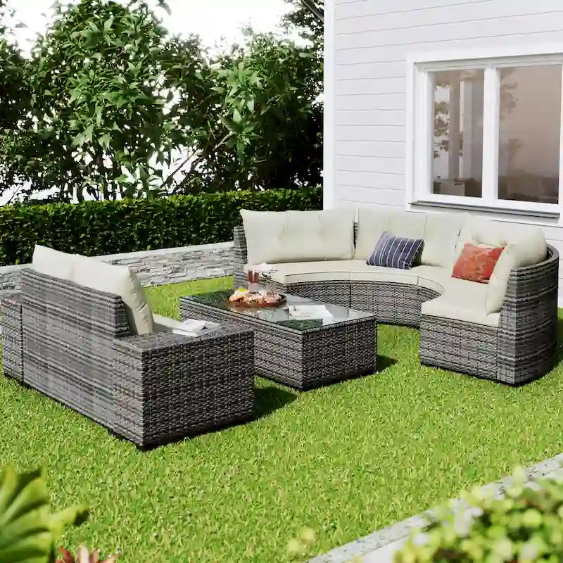 GO Salon de jardin rond 8 places en osier avec table basse rectangulaire