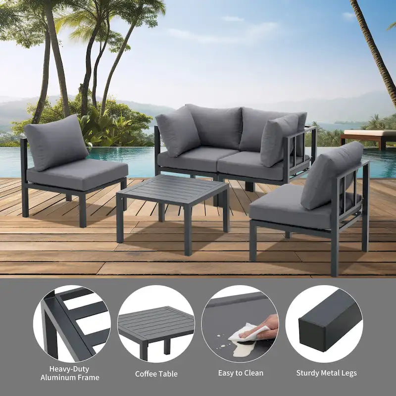 Ensemble de mobilier de patio en aluminium Zenova 5/7 pièces, canapé d'angle extérieur