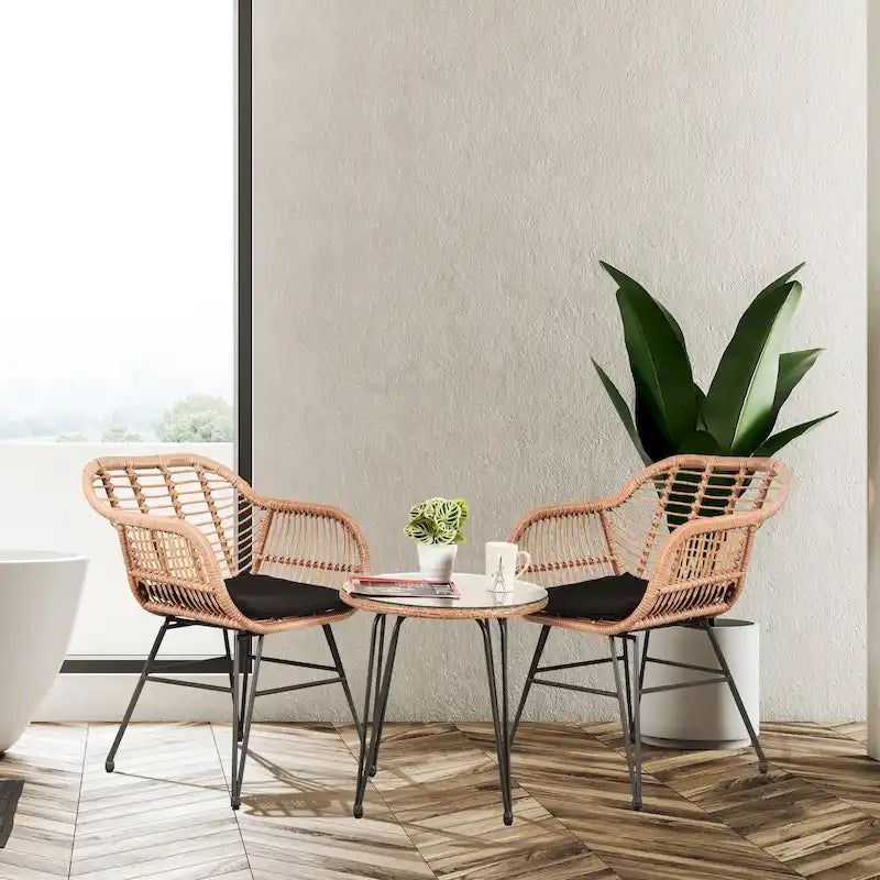 Ensemble de conversation en osier pour l'extérieur avec coussins (3 pièces) - 21,26 L x 23,62 l x 31,5 H